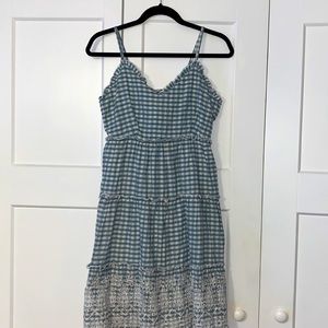 Blue Gingham Tiered Sundress with Lace Hem